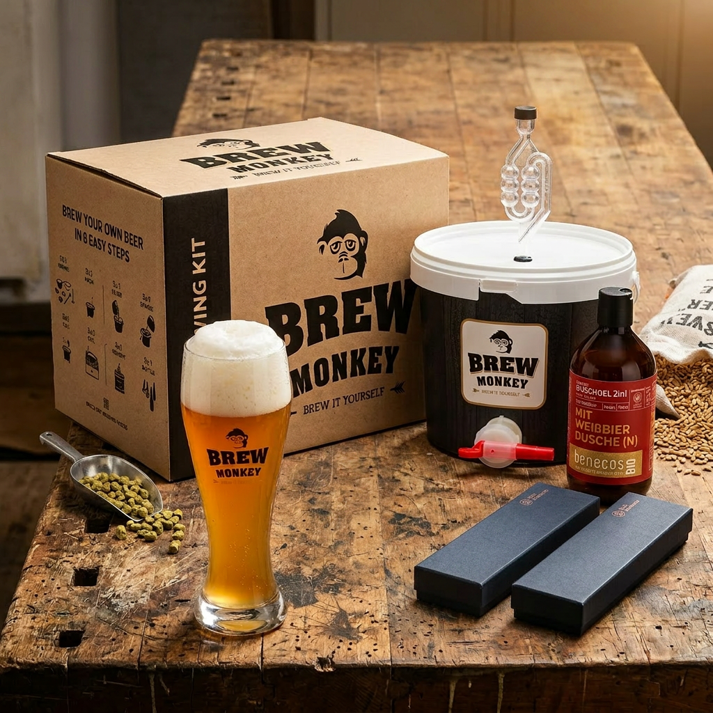 Bier Bundle Brew Monkey Braukit Flaschenöffner Leder und benecos Weißbier-Duschgel als Männer Geschenk