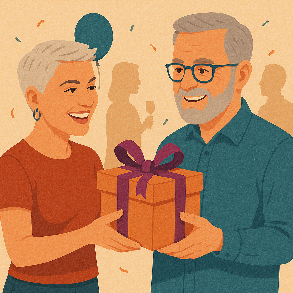 60. Geburtstag. Frau überreicht Mann ein Geschenk. Party