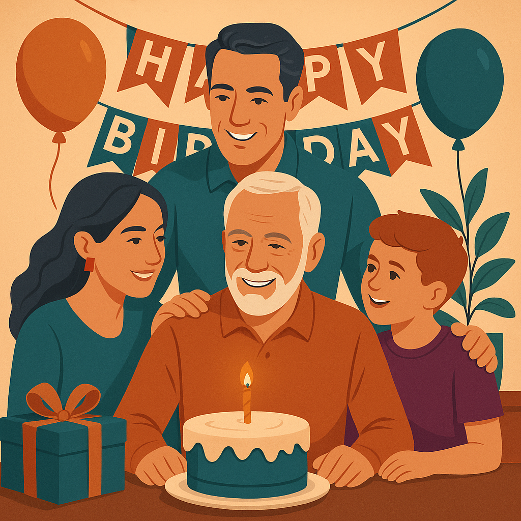 Mann (60) feiert seinen Geburtstag, umgeben von seiner Familie.