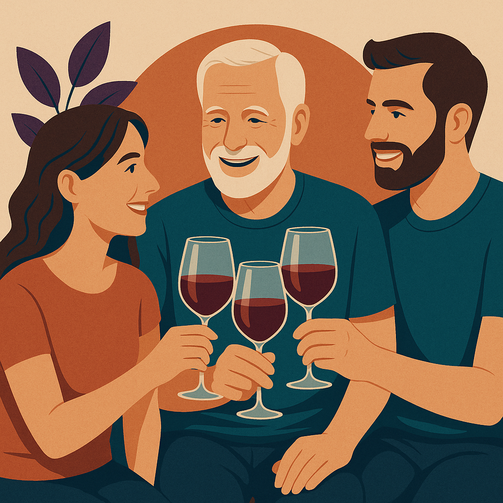 Mann (60) trinkt mit seinen erwachsenen Kindern ein Glas Wein. 