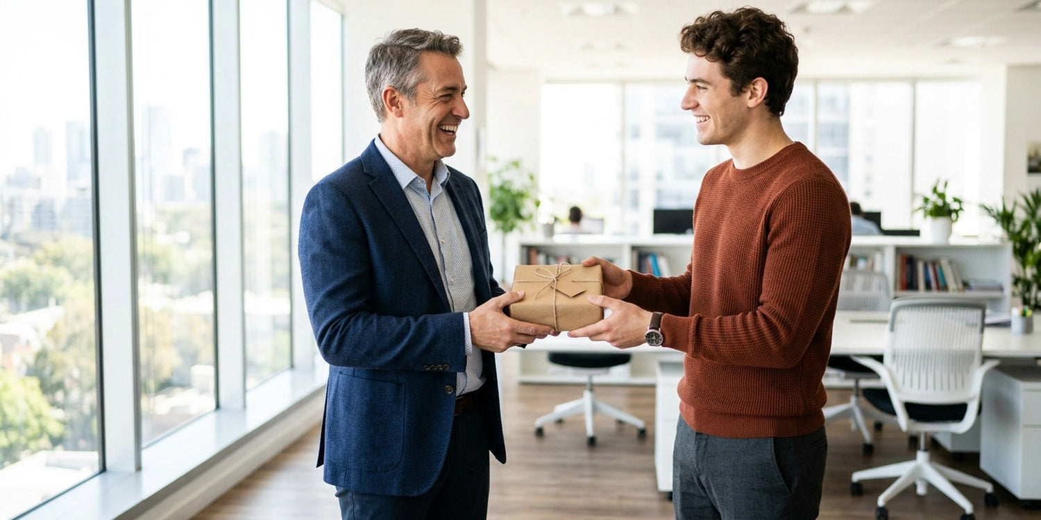Zwei Kollegen im hellen Büro, einer überreicht dem anderen ein Abschiedsgeschenk