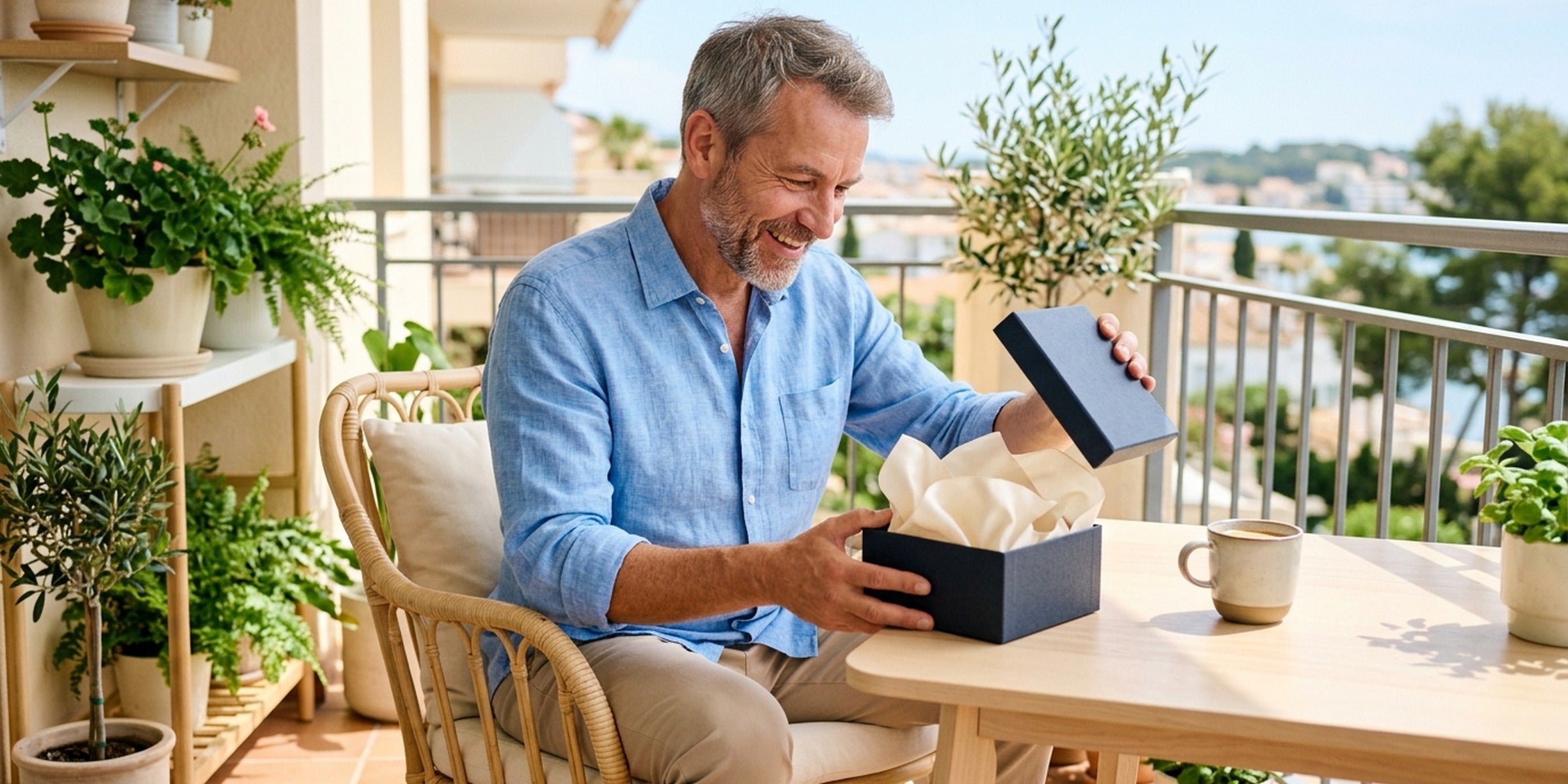Mann öffnet überrascht eine edle Geschenkbox auf dem Balkon