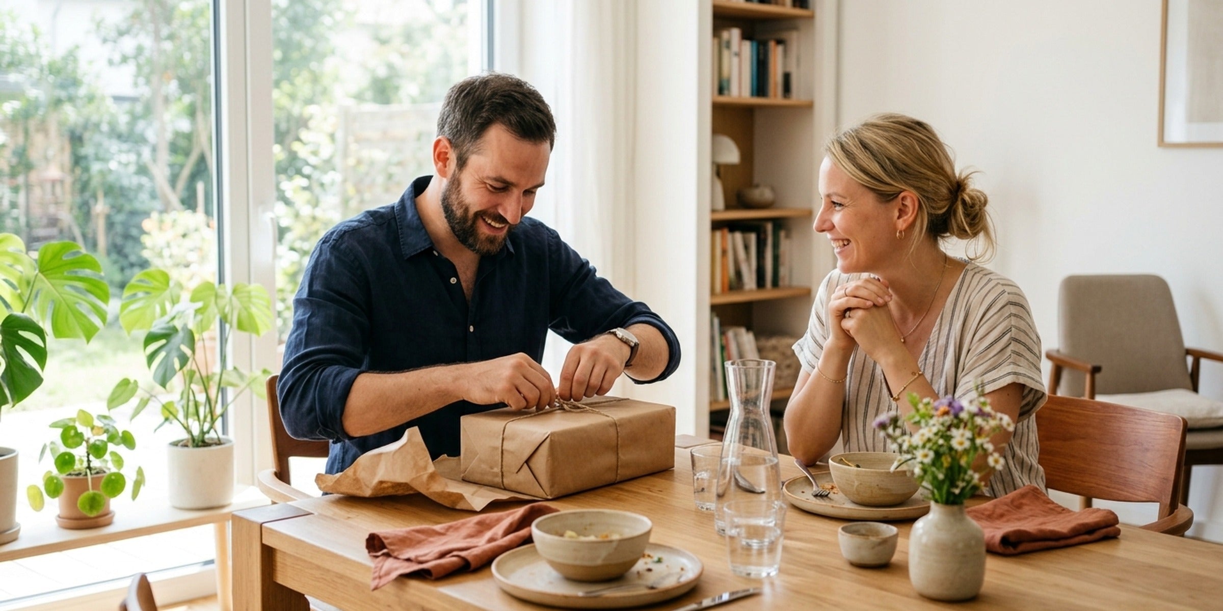 Mann packt ein Geschenk aus, während seine Partnerin gespannt zuschaut