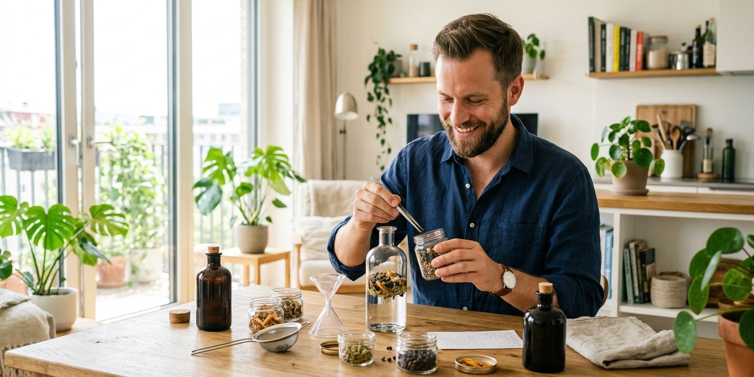 Mann bastelt gemeinsam mit Familie an einem selbstgemachten Geschenk