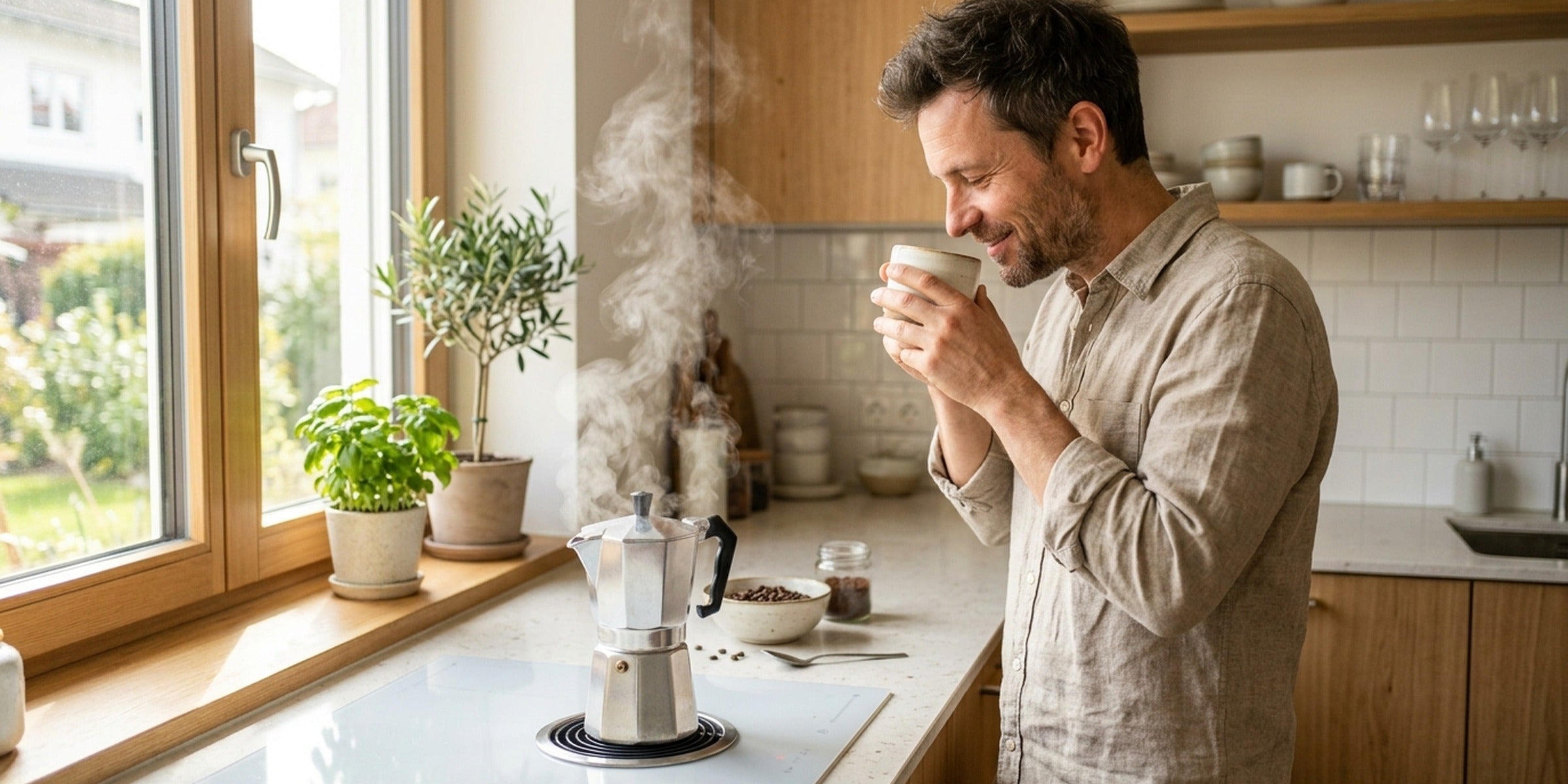 Mann genießt Kaffee, während ein Espressokocher auf dem Herd dampft