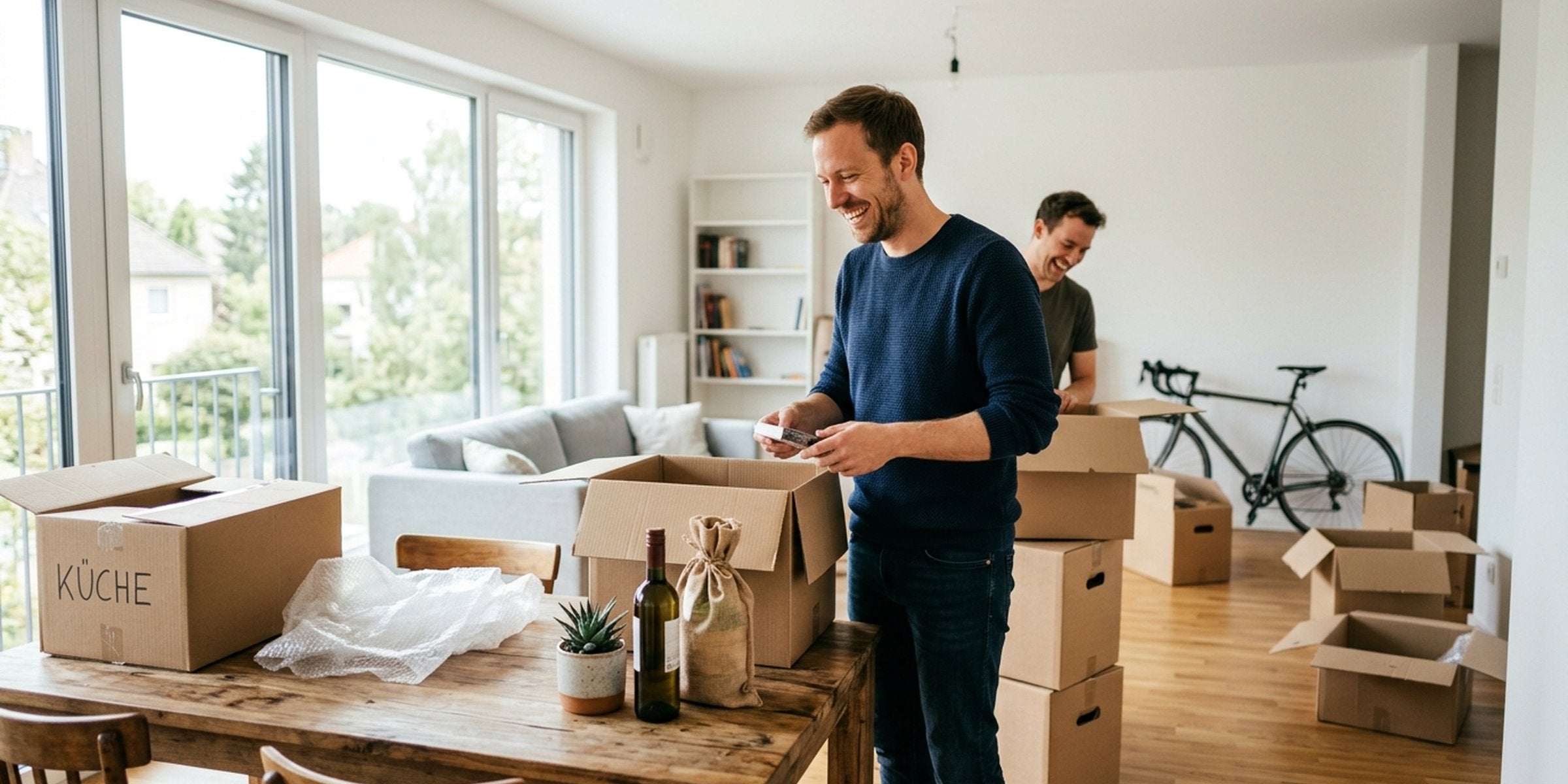 Mann richtet sich in seinem neuen Zuhause mit einem Einweihungsgeschenk ein