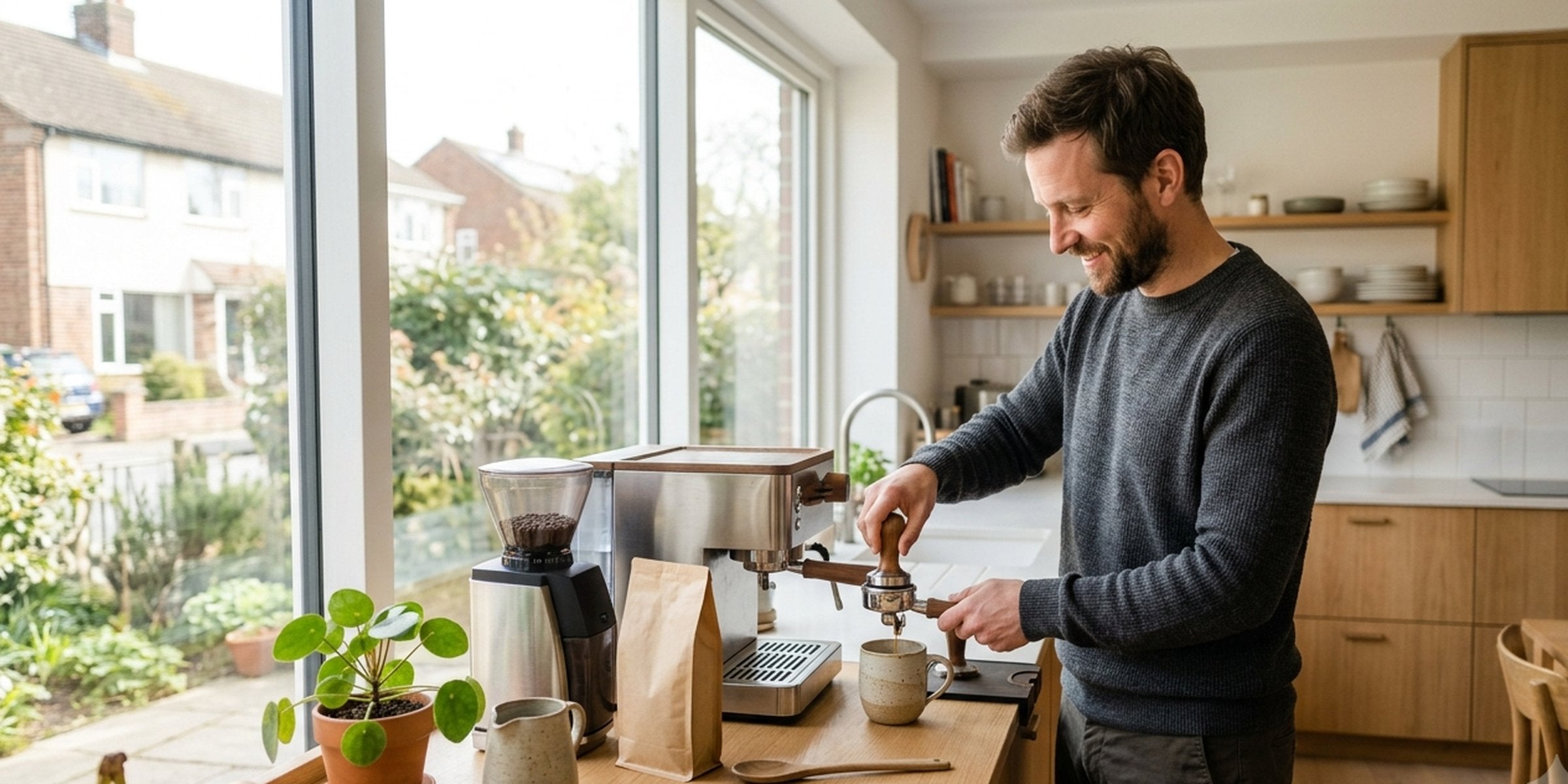 Mann Mitte 30 bereitet in heller Küche am Fenster in Ruhe seinen Espresso zu