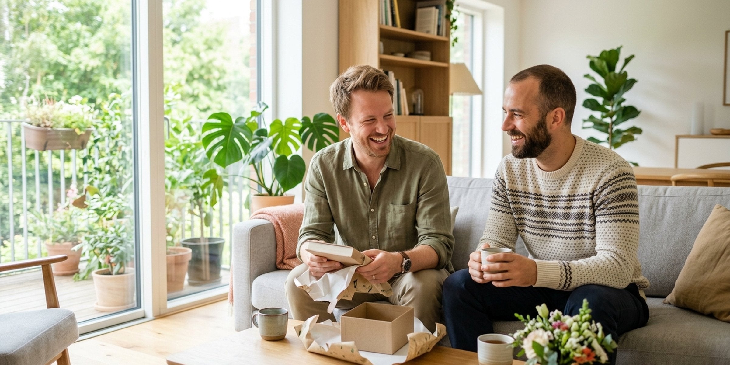 Zwei Freunde feiern Geburtstag mit einem durchdachten Geschenk