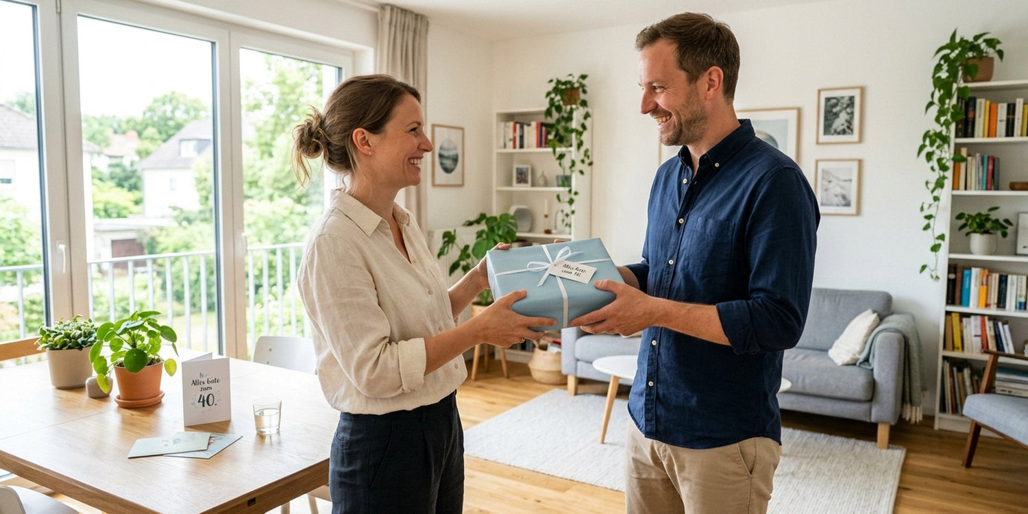 Ehemann freut sich über sein Geburtstagsgeschenk im hellen Zuhause