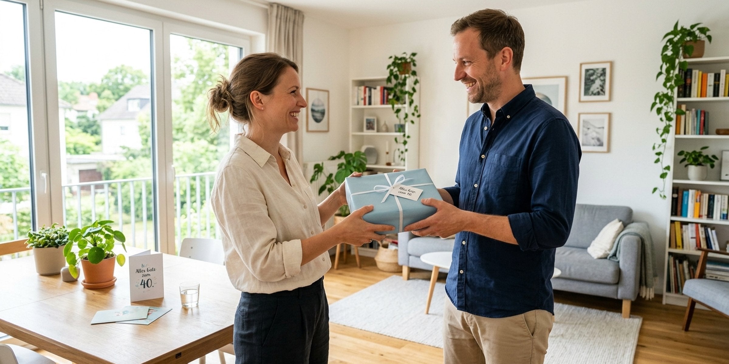 Ehemann freut sich über sein Geburtstagsgeschenk im hellen Zuhause