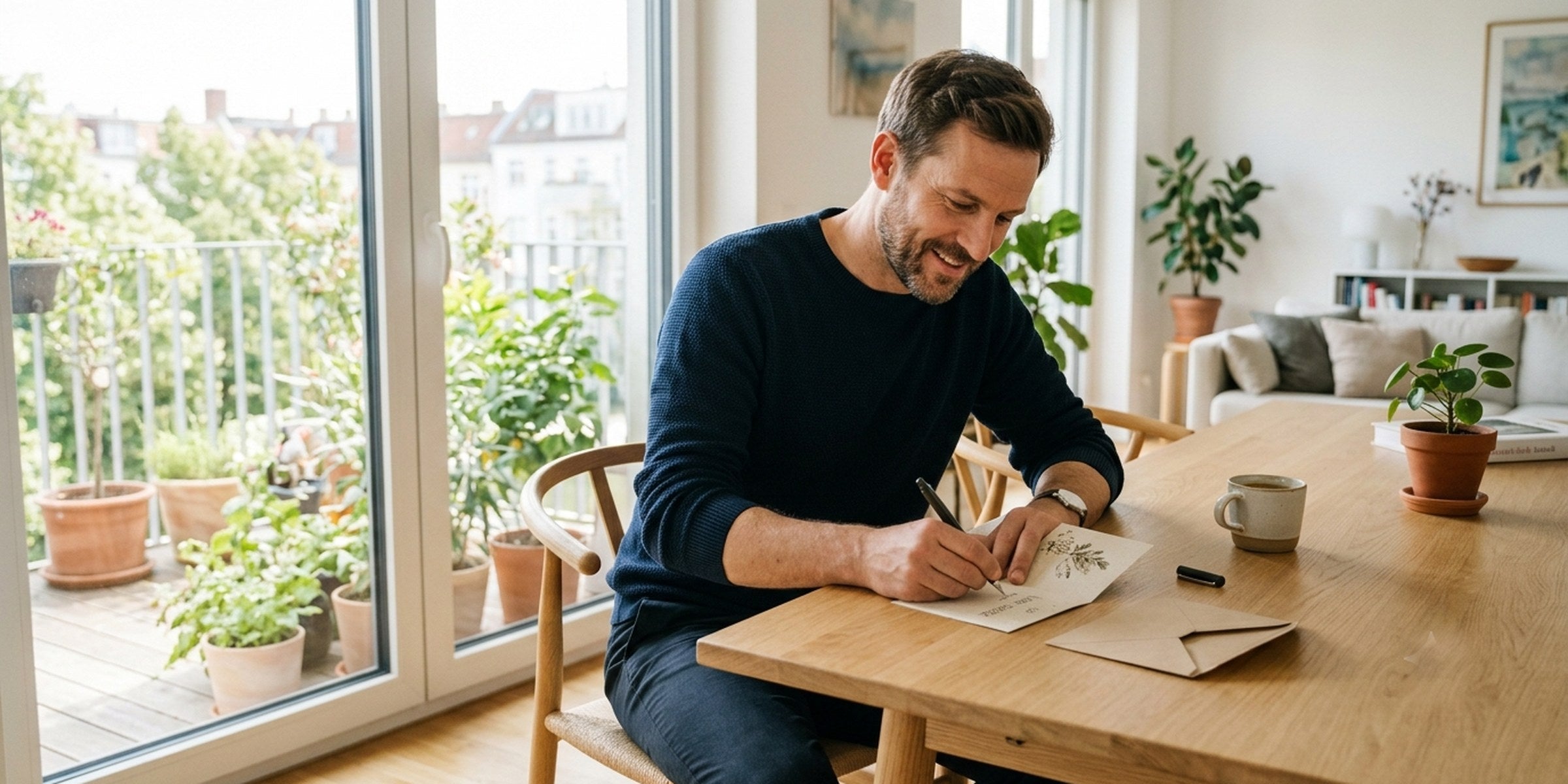 Mann Anfang 40 schreibt am hellen Esstisch eine handgeschriebene Karte, daneben ein offener Umschlag