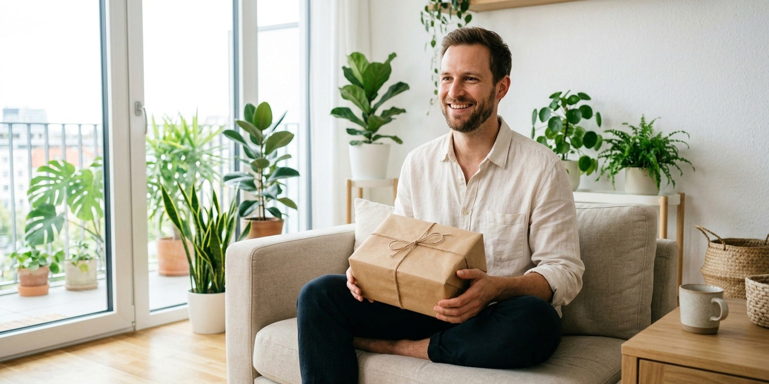 Mann Anfang 30 sitzt lächelnd auf hellem Sofa und hält ein schlicht verpacktes Geschenk