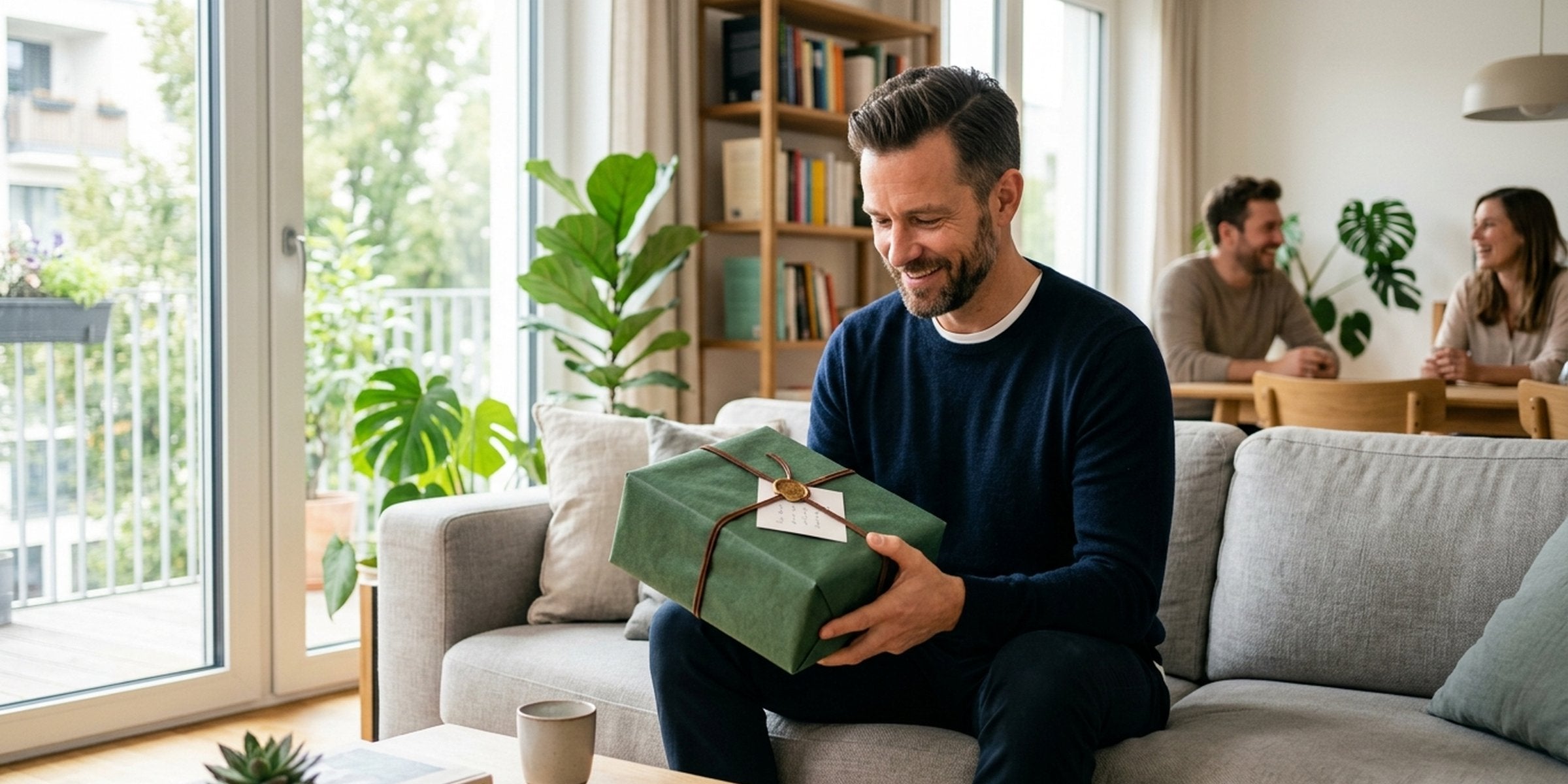 Mann Anfang 40 öffnet ein hochwertiges Geschenk am Esstisch