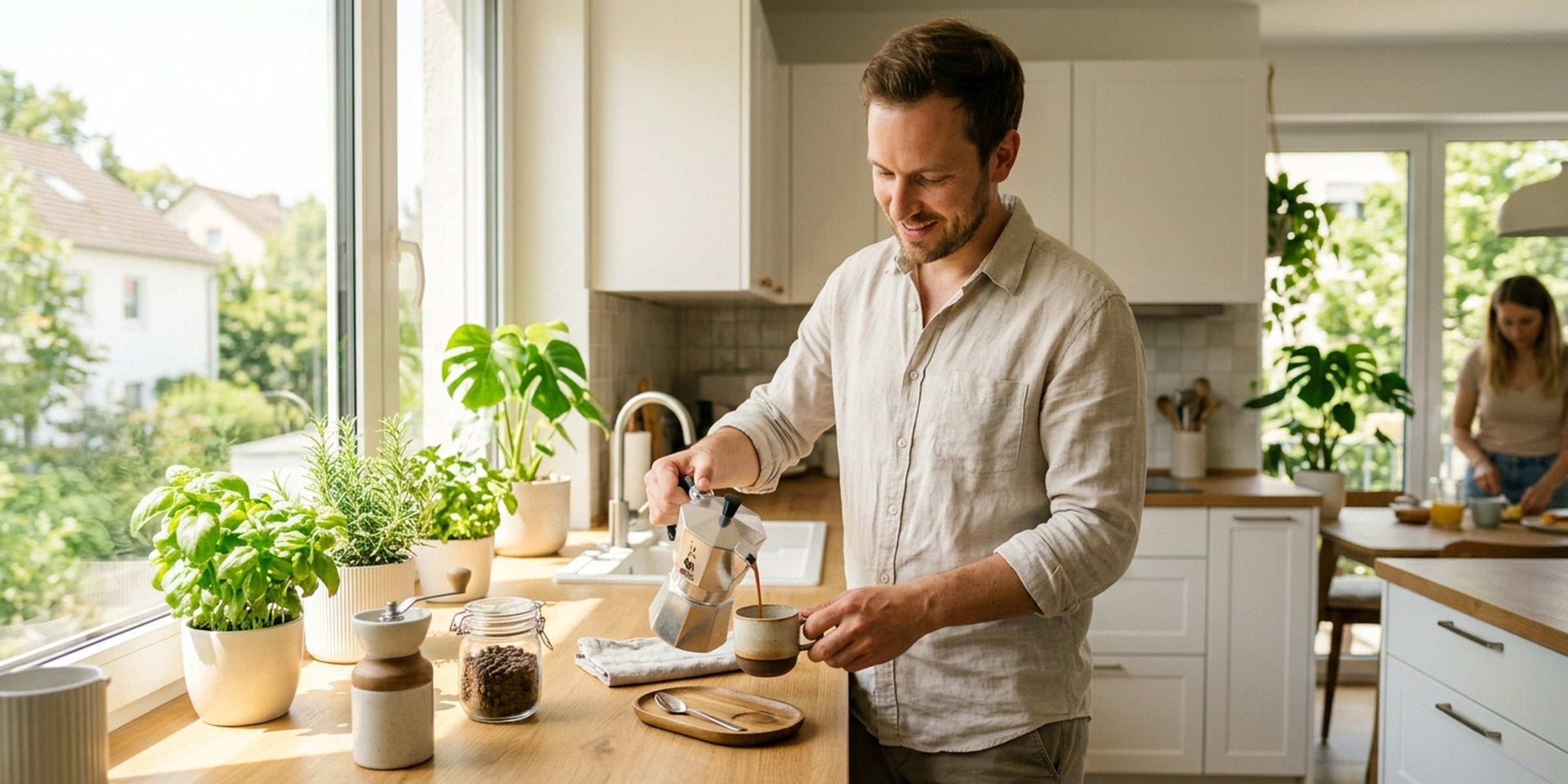 Mann genießt frisch gebrühten Kaffee mit hochwertigem Kaffeezubehör