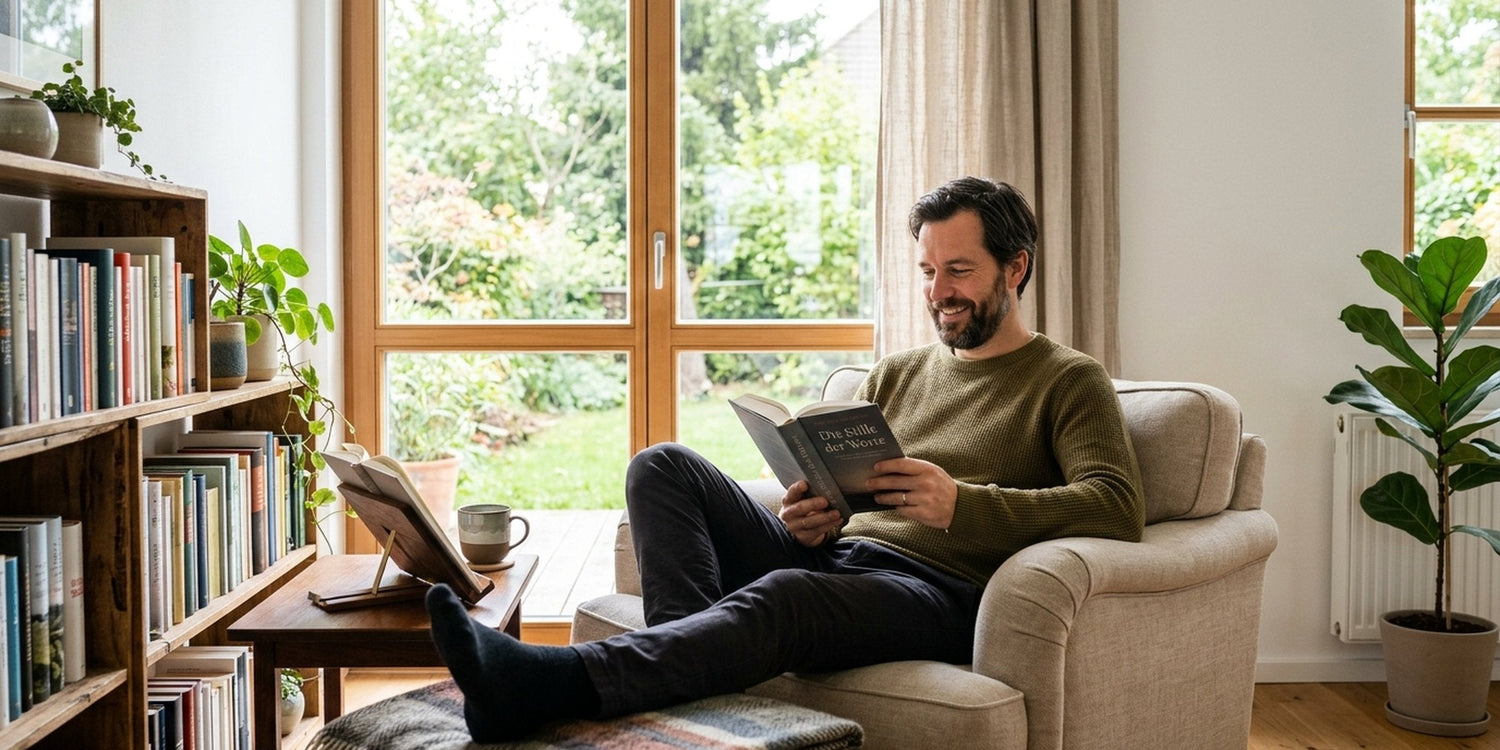 Mann entspannt sich mit einem guten Buch und stilvollem Lesezubehör