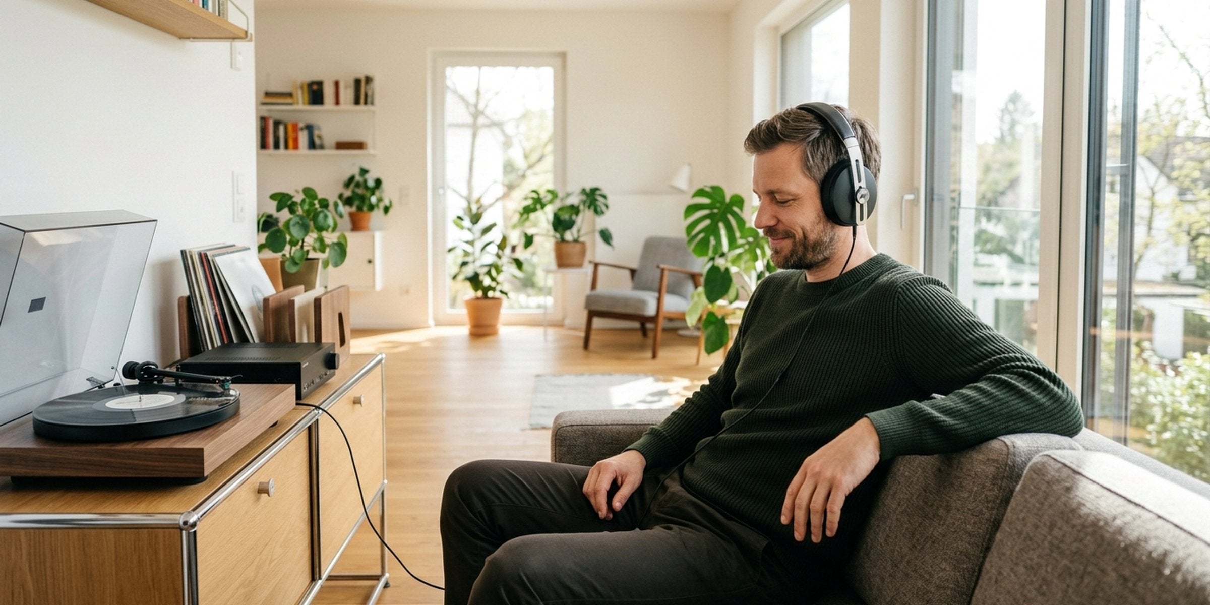Musikliebhaber genießt guten Sound mit hochwertigem Audio-Zubehör