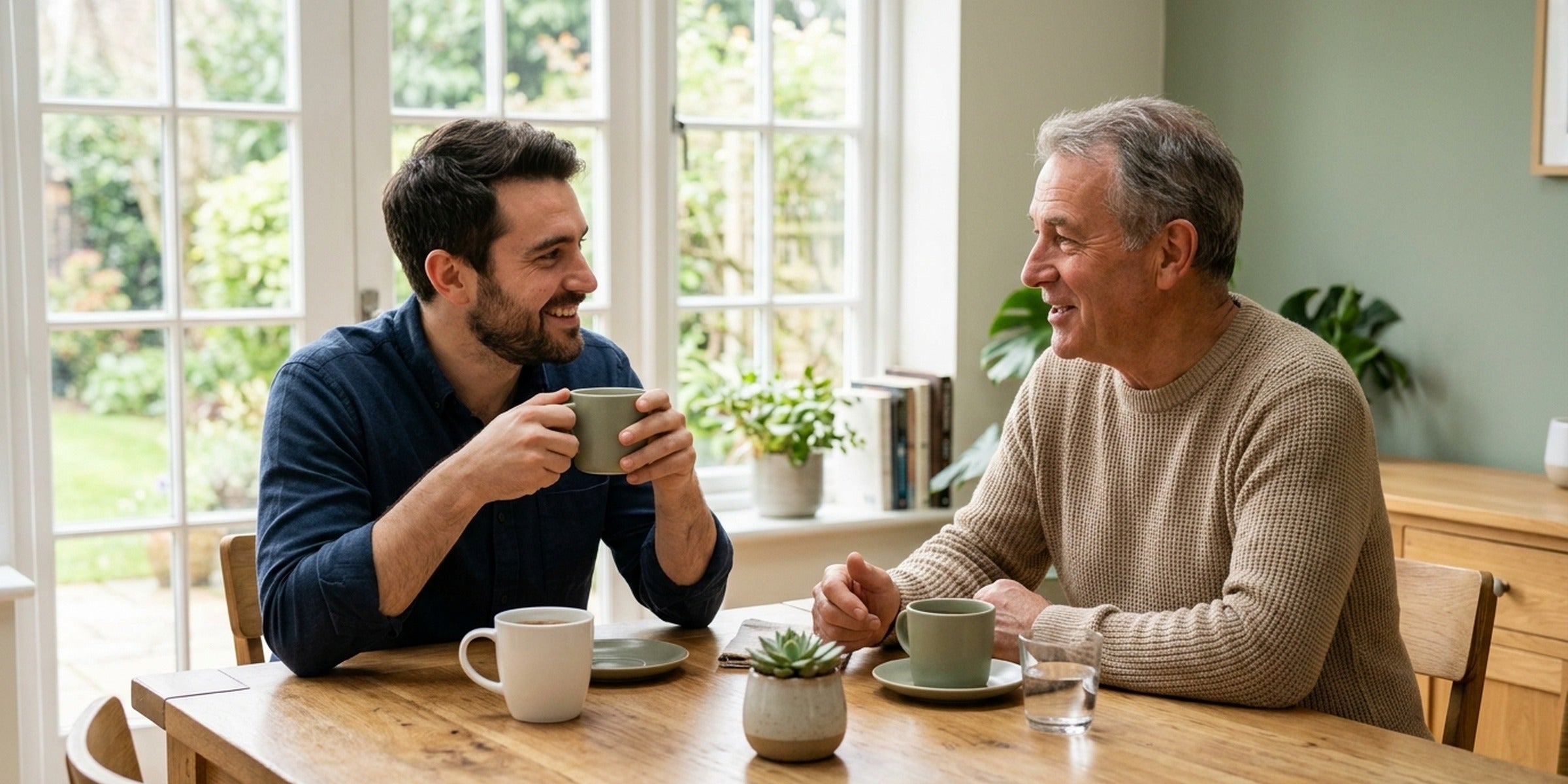 Sohn und Vater führen ein warmes Gespräch bei Kaffee am Esstisch