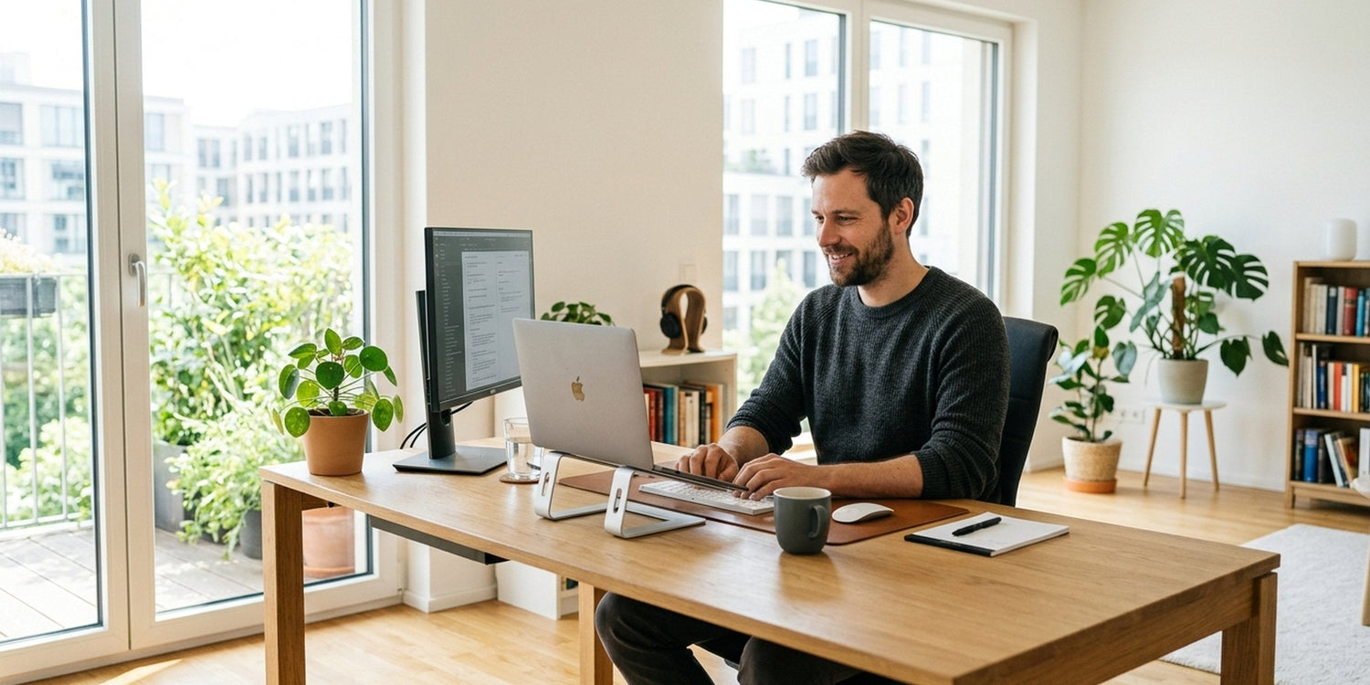 Mann arbeitet konzentriert an einem gut ausgestatteten Homeoffice-Schreibtisch