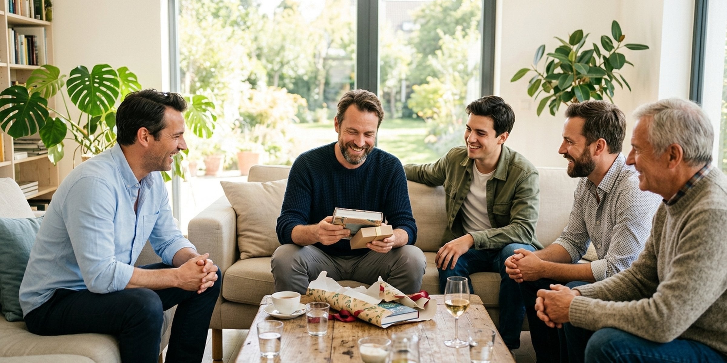 Mann bedankt sich für ein Geschenk von der Familie im gemütlichen Wohnzimmer