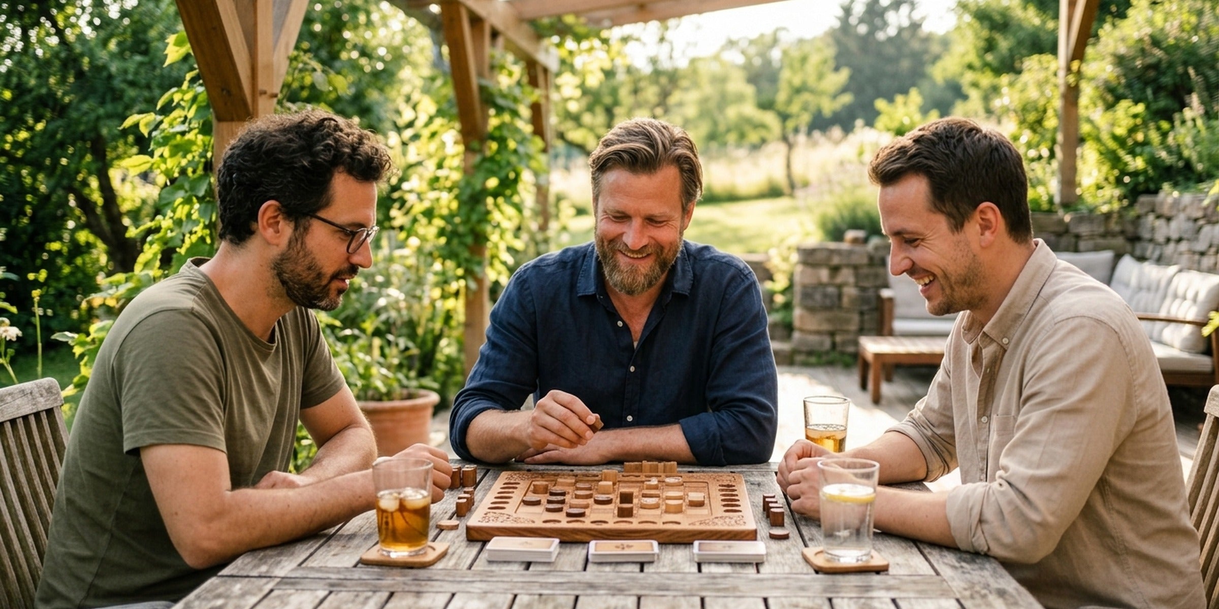 Drei Freunde spielen ein Holz-Brettspiel auf der Sommerterrasse