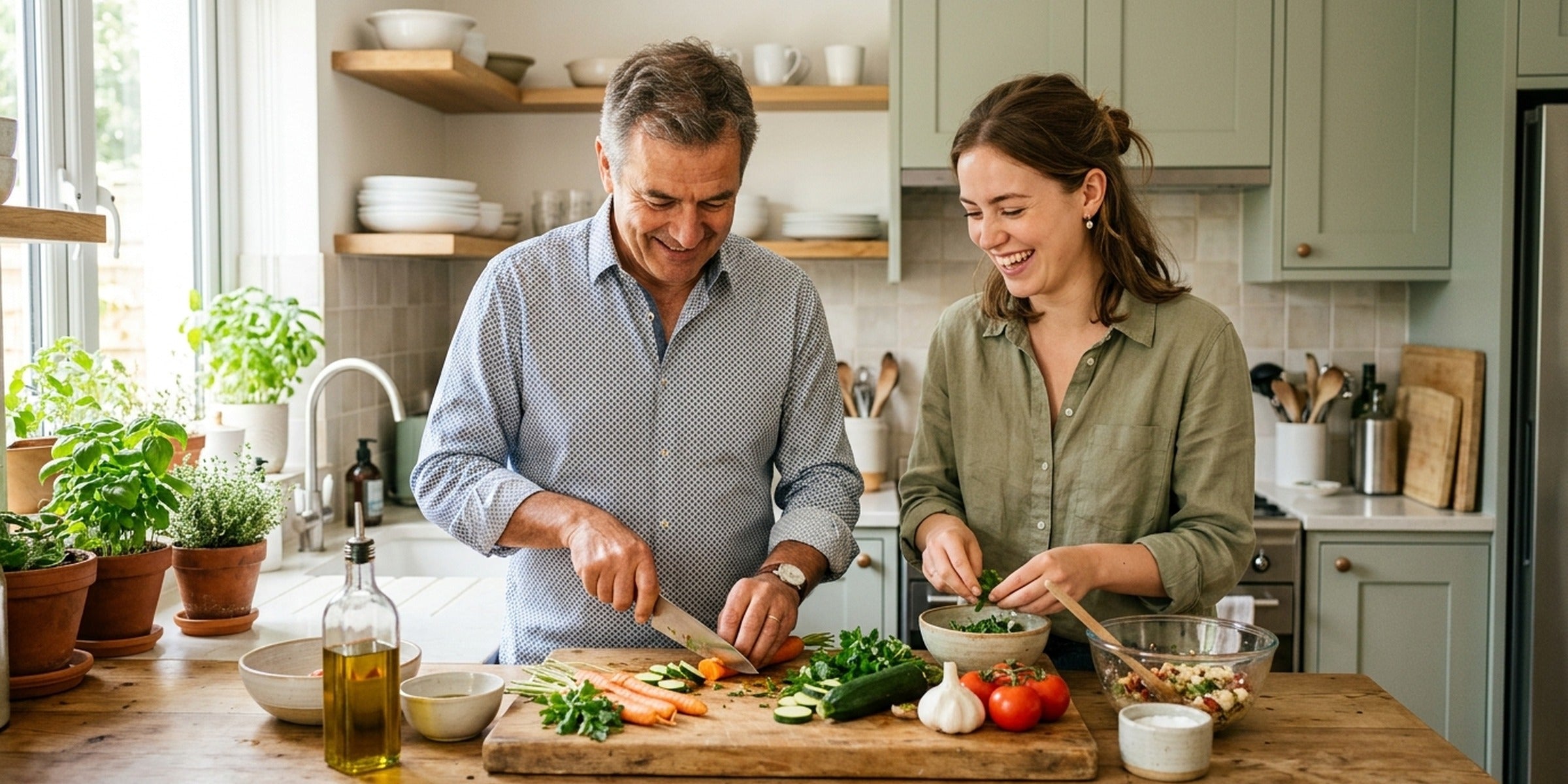 Vater und Tochter kochen gemeinsam fröhlich in der Küche
