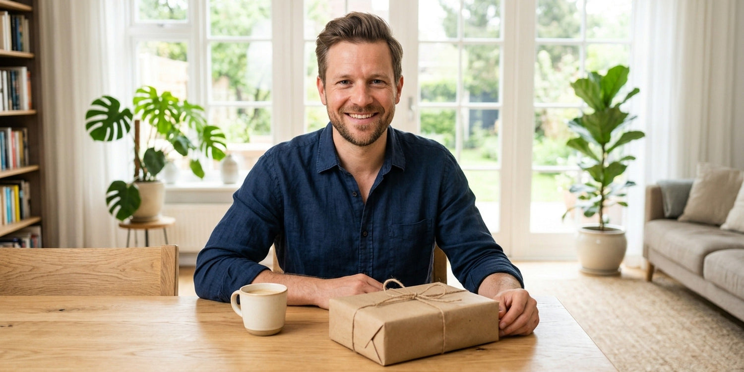 Mann sitzt am hellen Holztisch mit Kaffeetasse und schlicht verpacktem Geschenk