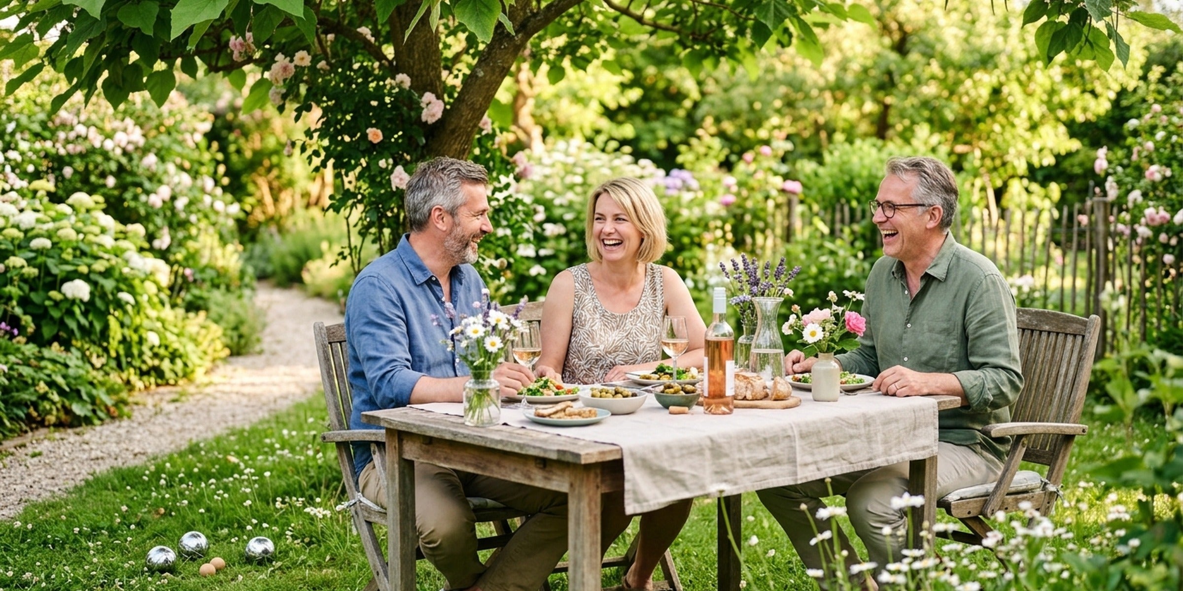 Freunde sitzen lachend an einem sommerlich gedeckten Gartentisch