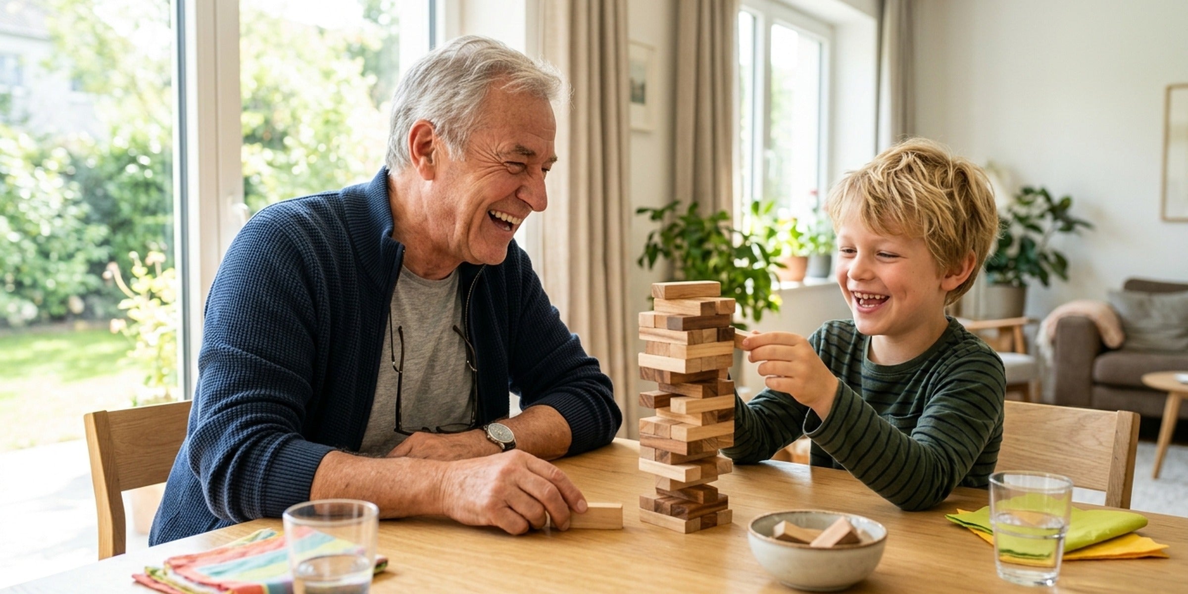 Großvater lacht mit seinem Enkel beim Holz-Geschicklichkeitsspiel