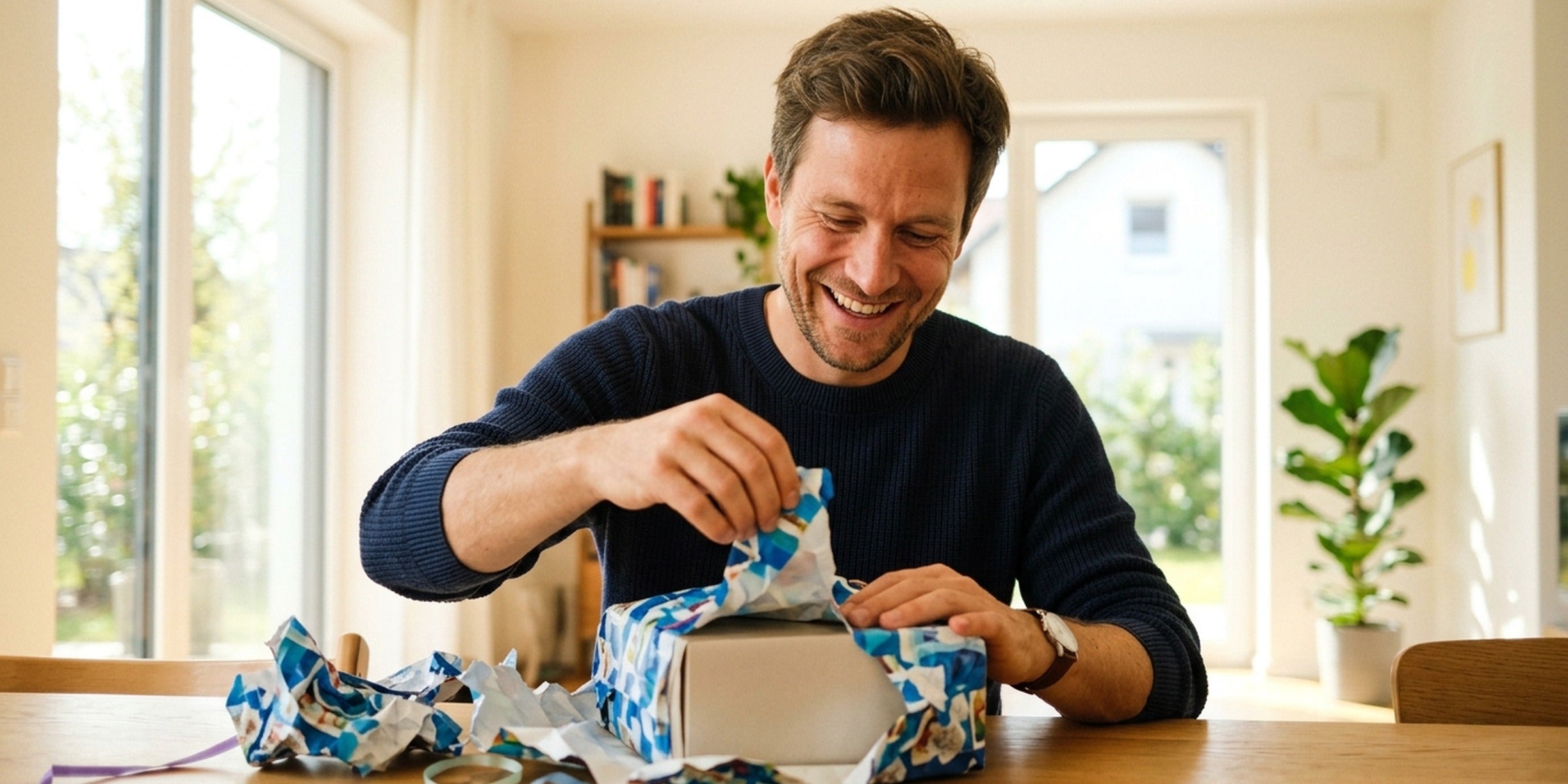 Mann packt lächelnd ein Geschenk am hellen Tisch aus, Inhalt bleibt verdeckt