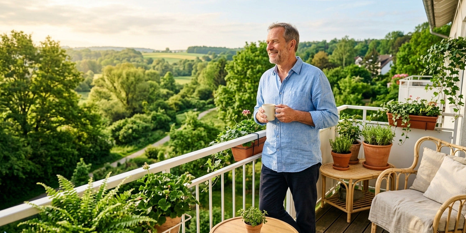 Mann im Ruhestand blickt morgens zufrieden mit Kaffeetasse vom Balkon