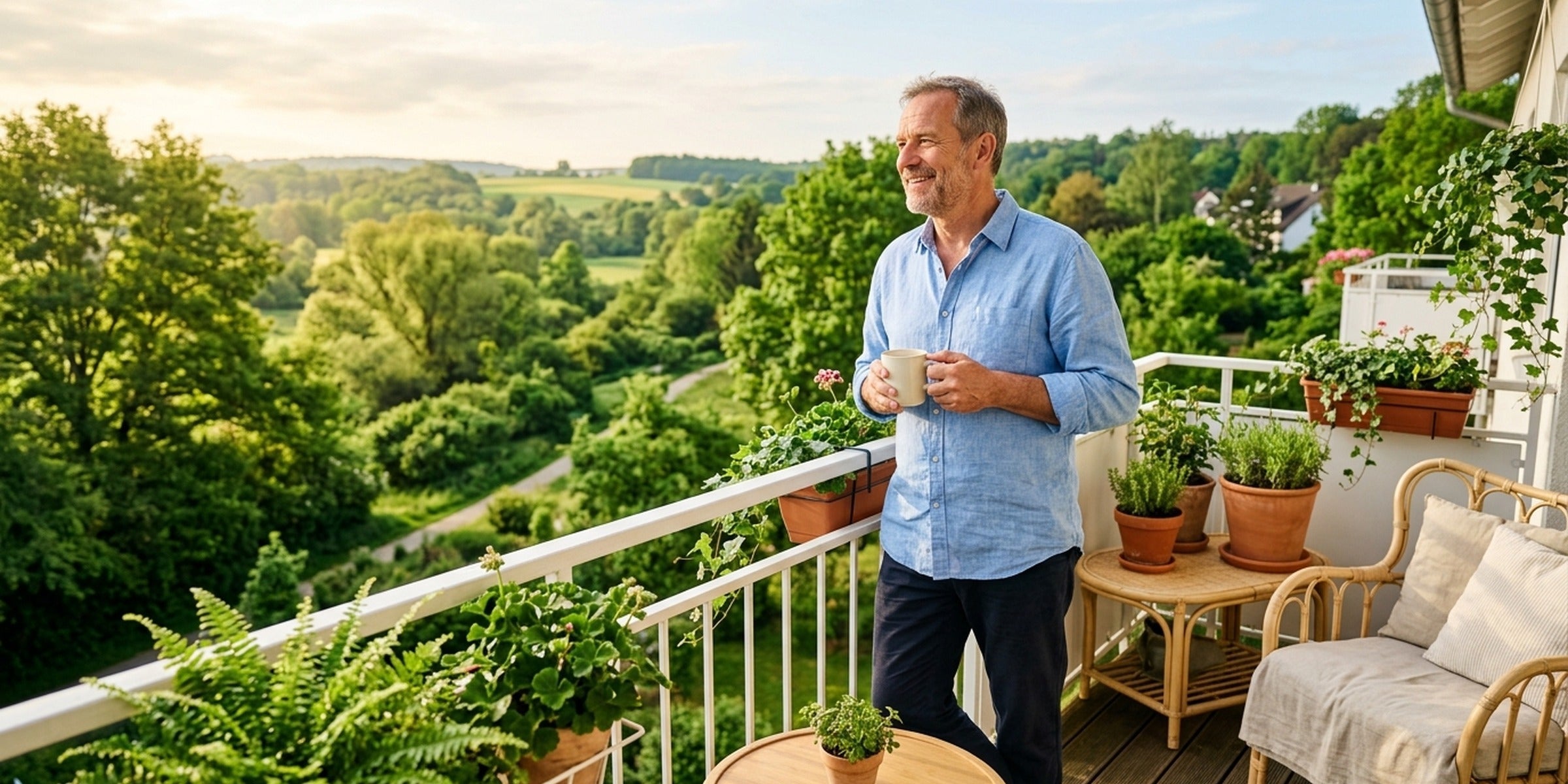 Mann im Ruhestand blickt morgens zufrieden mit Kaffeetasse vom Balkon