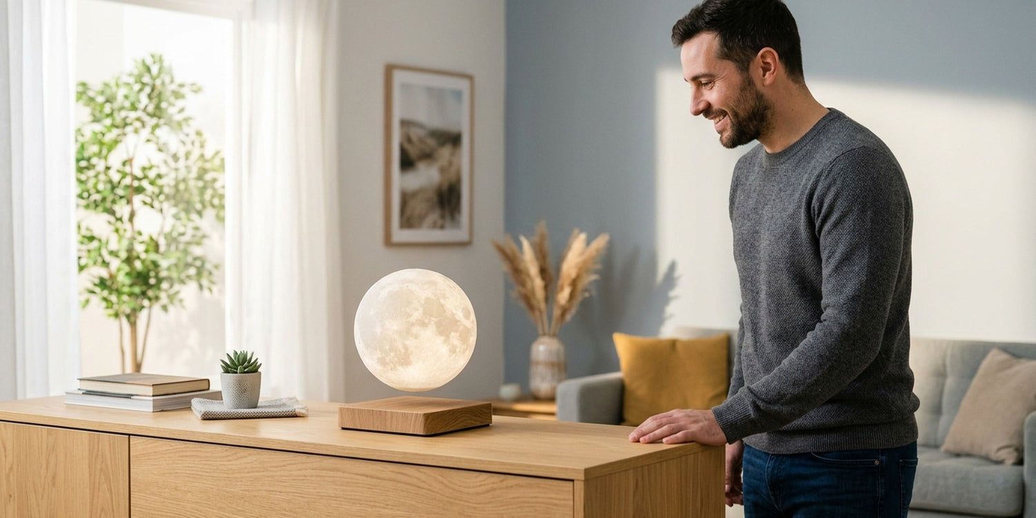 Mann betrachtet eine schwebende Mondlampe als Designgeschenk