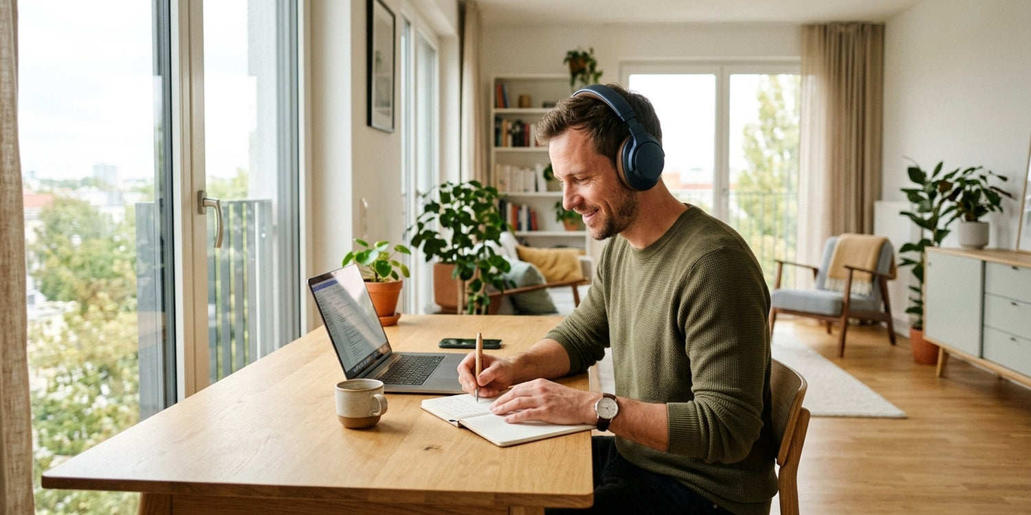 Mann testet ein durchdachtes Technik-Gadget zu Hause
