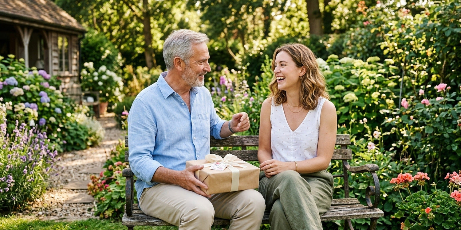 Vater und erwachsene Tochter sitzen mit einem Geschenk auf der Gartenbank
