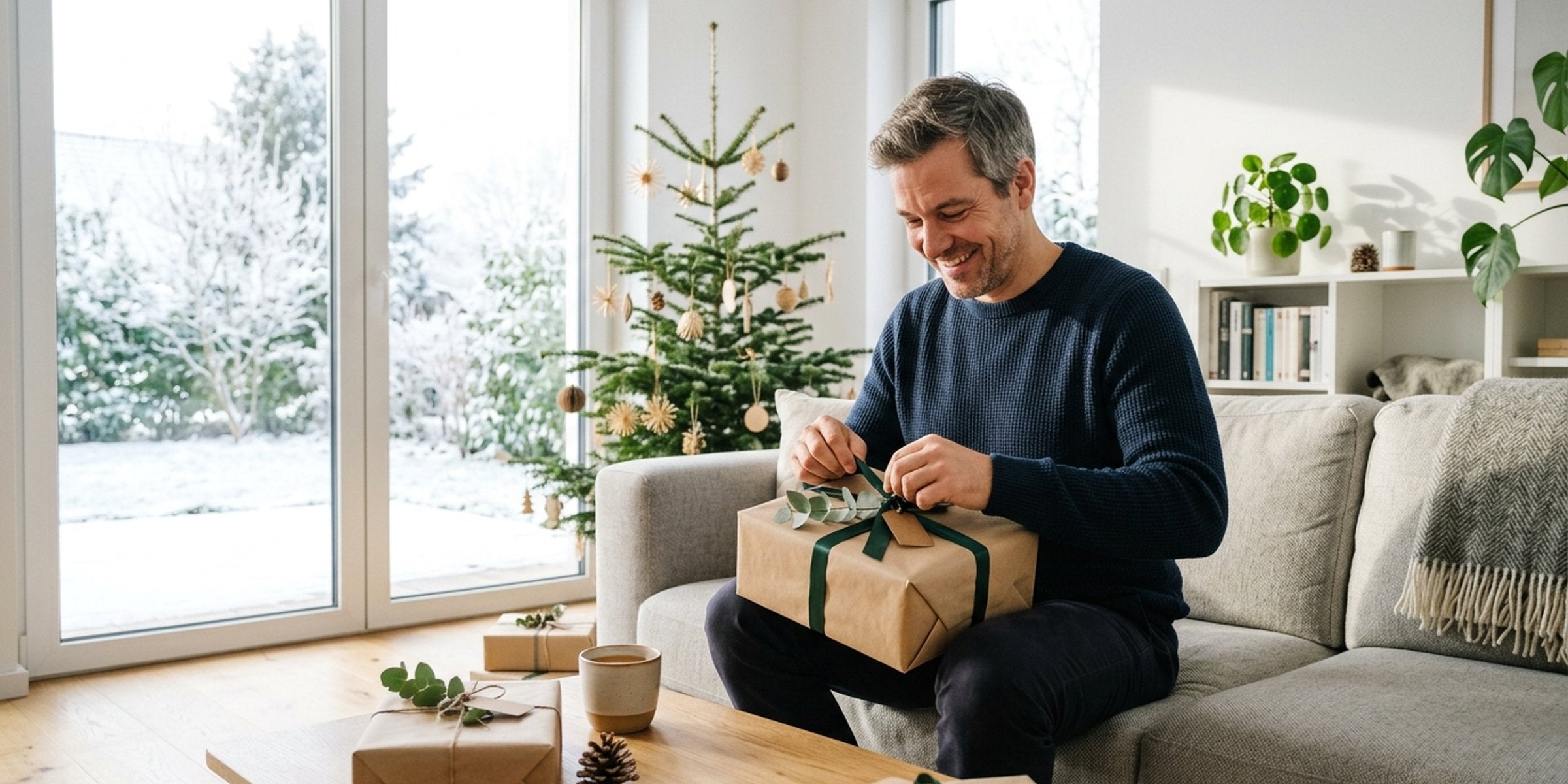 Mann packt sein Weihnachtsgeschenk aus und freut sich sichtlich