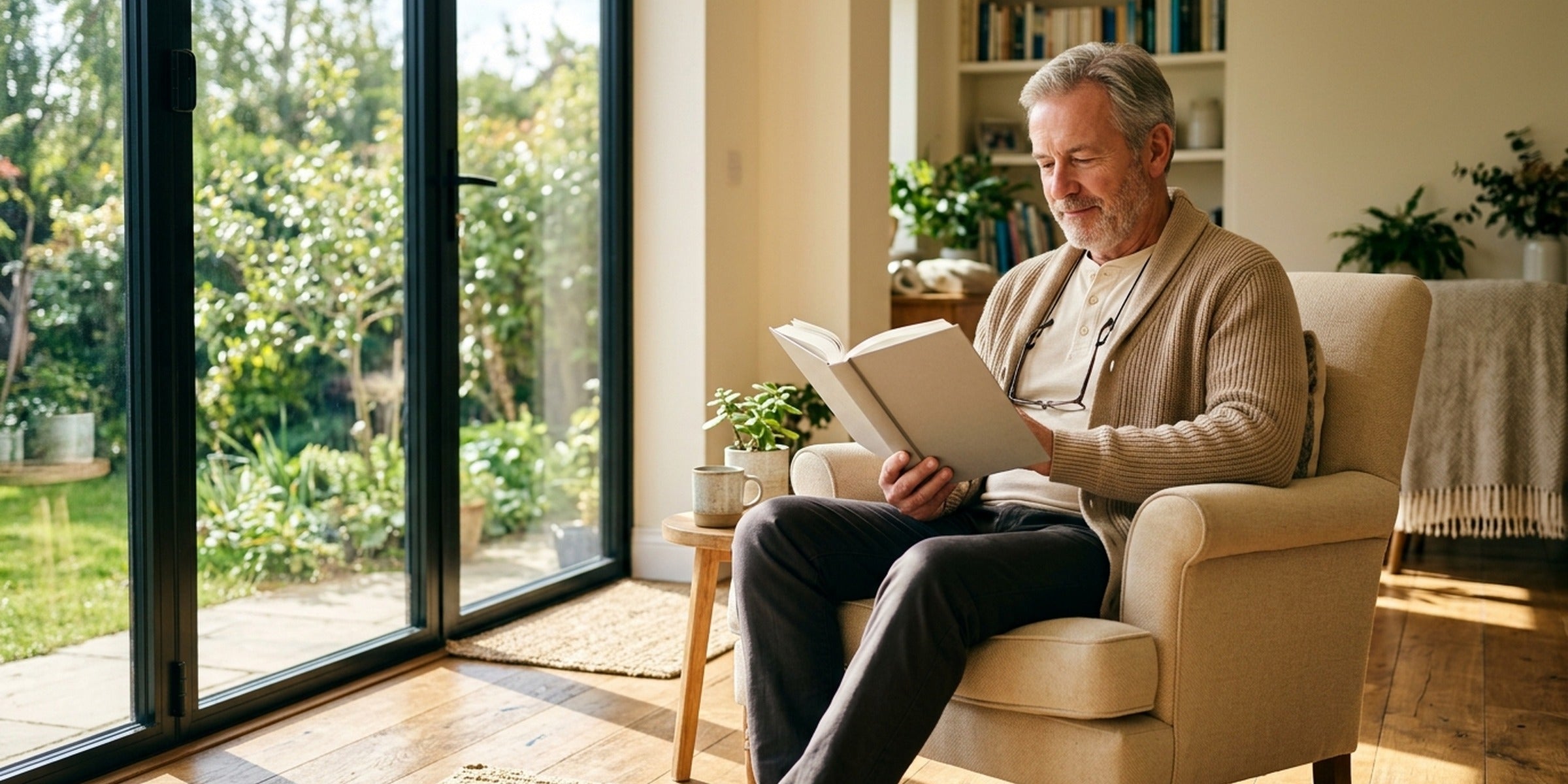 Mann sitzt entspannt mit einem Buch im Sessel am Fenster