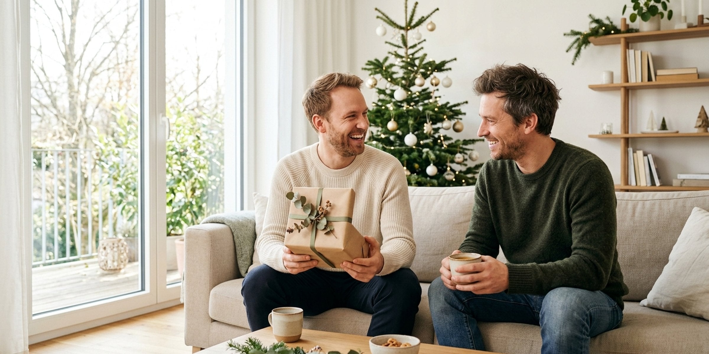 Zwei Freunde tauschen Weihnachtsgeschenke in gemütlicher Atmosphäre aus