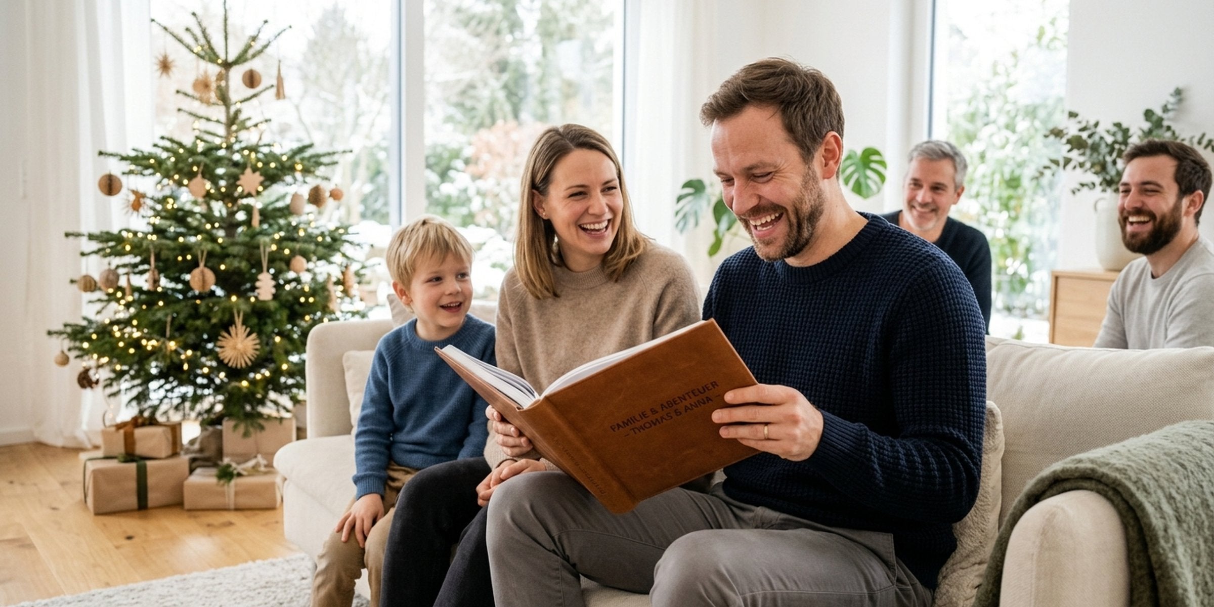 Mann freut sich über ein persönliches Weihnachtsgeschenk von seinem Partner