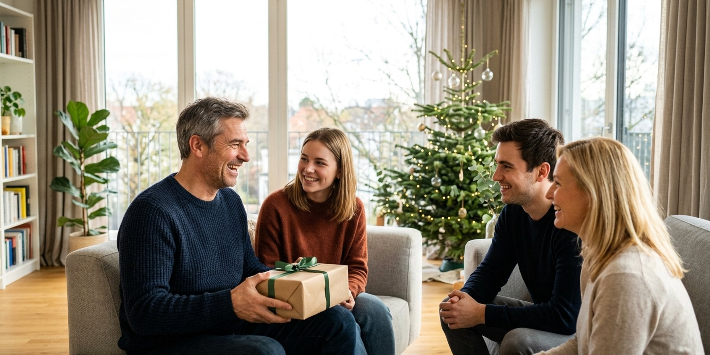 Erwachsener Sohn überreicht seinem Vater ein Weihnachtsgeschenk im hellen Wohnzimmer