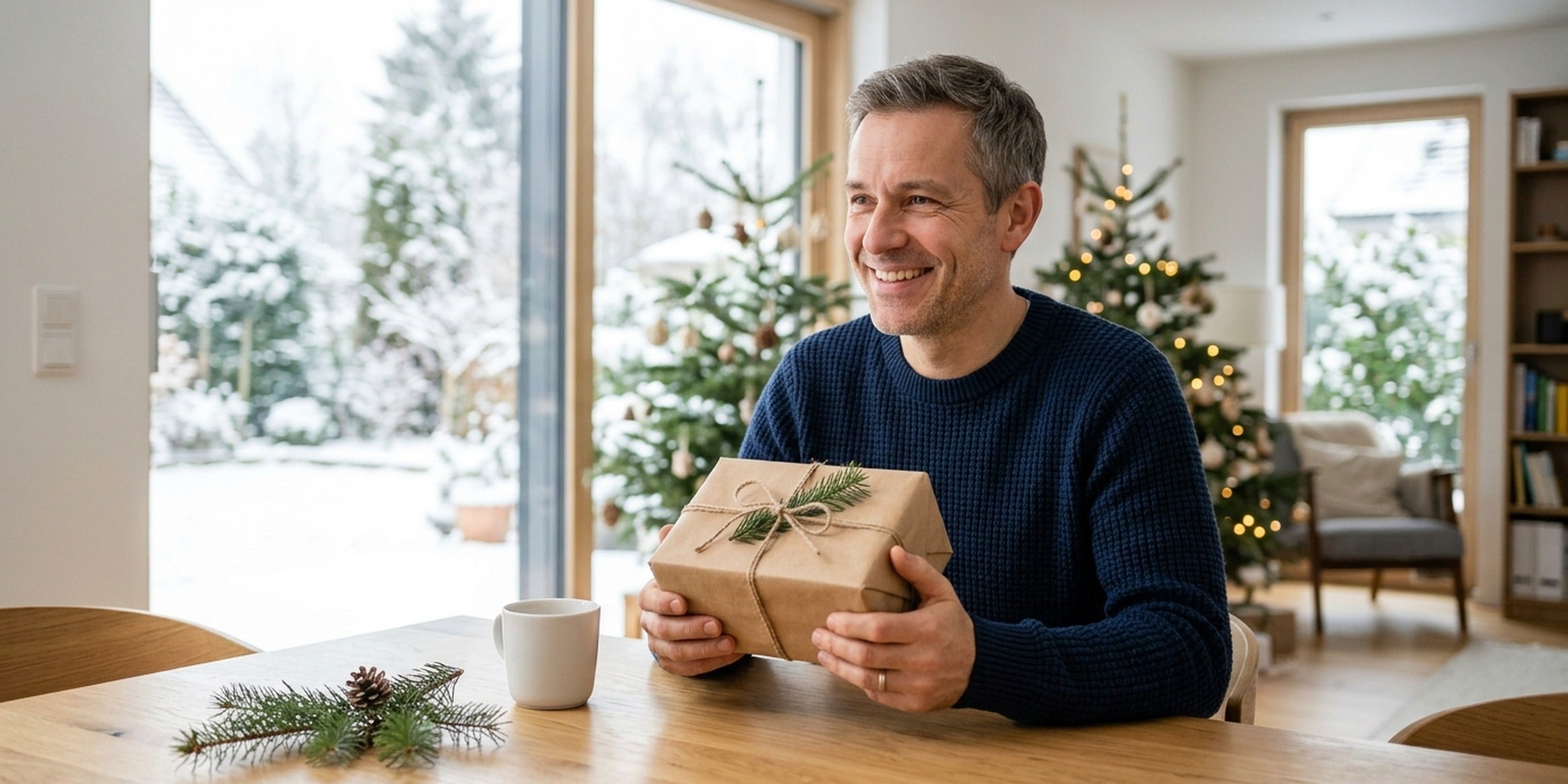Mann Ende 40 hält weihnachtlich verpacktes Geschenk in hellem Wohnzimmer mit Tannengrün