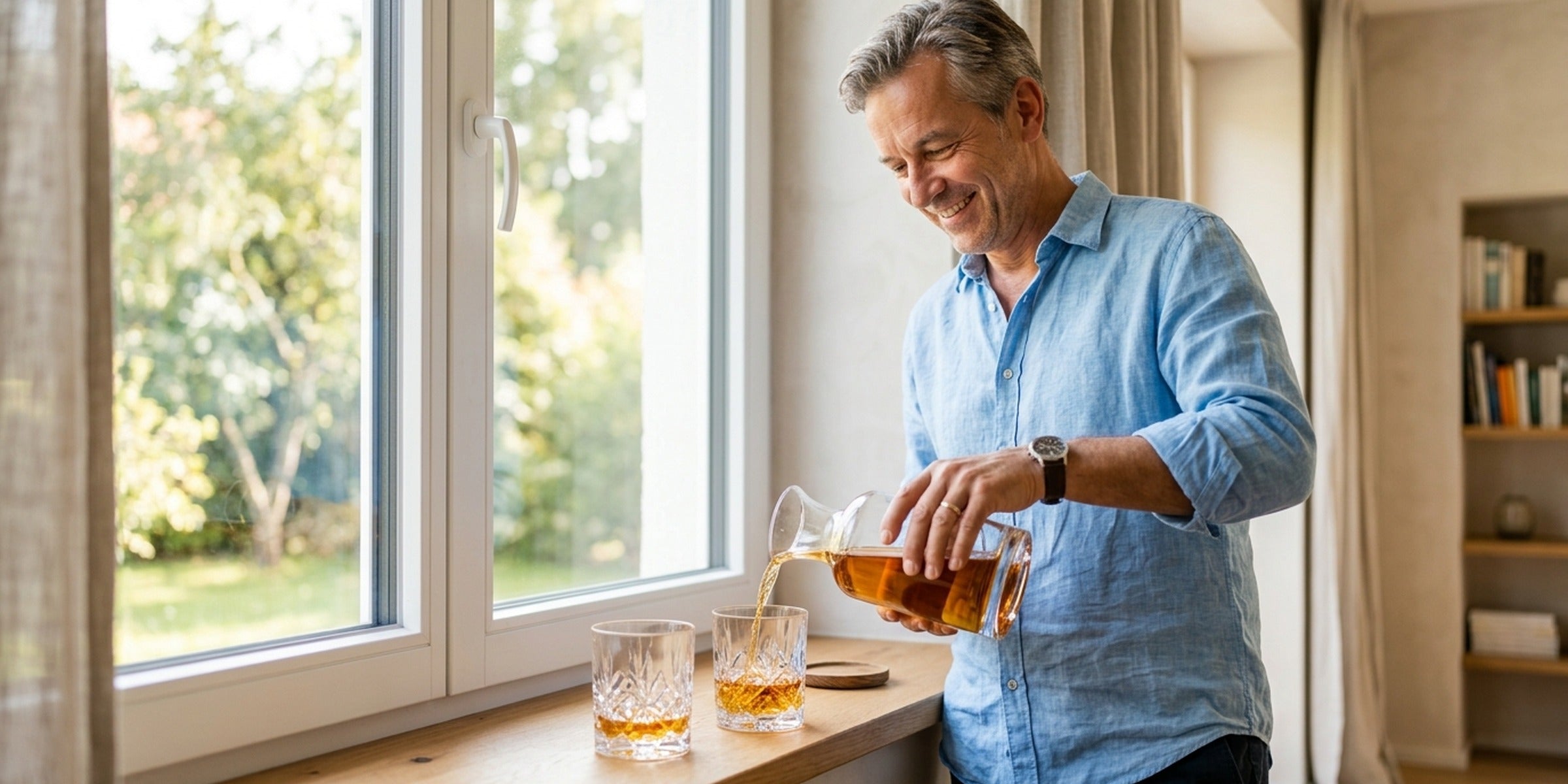 Mann schenkt Whisky aus einer Karaffe in zwei schwere Tumbler ein