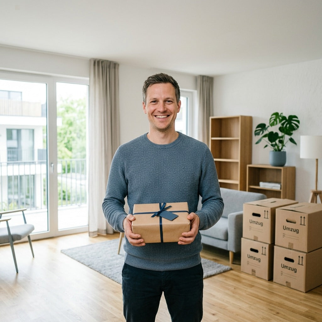 Mann steht lächelnd in seiner neuen Wohnung zwischen Umzugskartons und hält ein verpacktes Einweihungsgeschenk