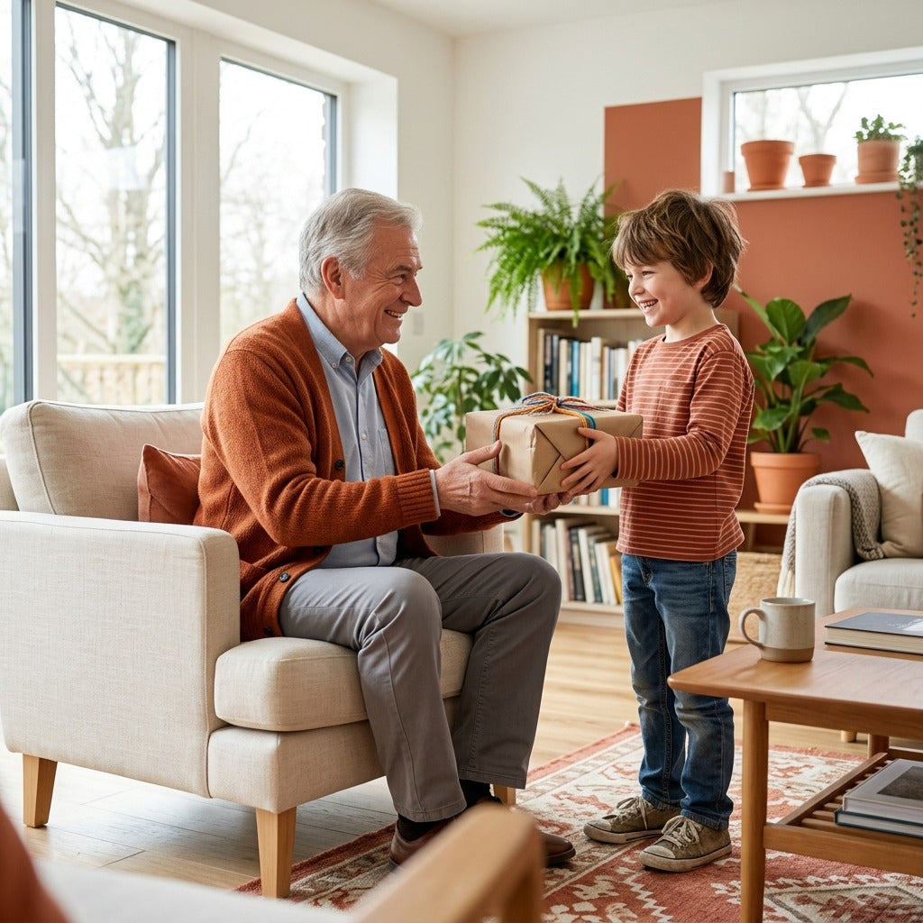 Junge überreicht seinem Großvater in einem hellen Wohnzimmer lächelnd ein Geschenk