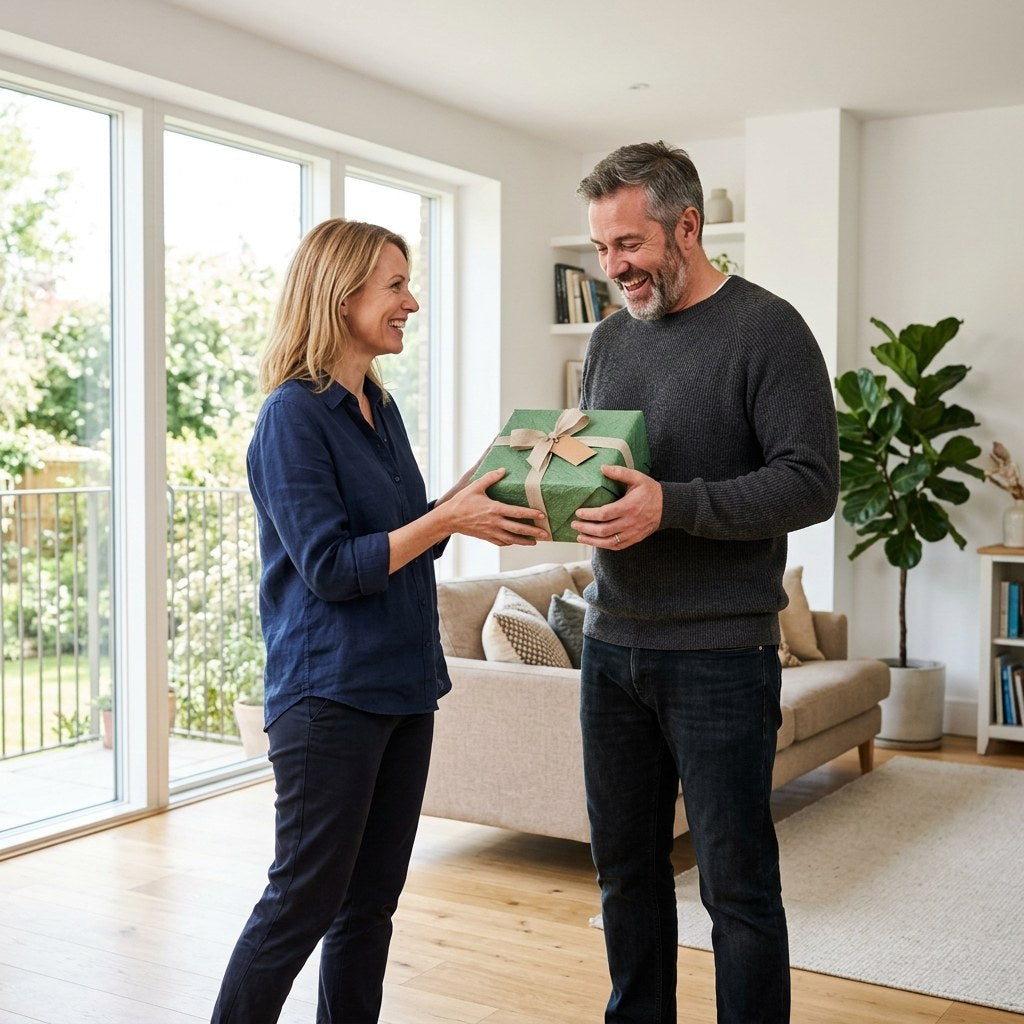 Frau übergibt lächelnd ihrem Partner in elegantem hellen Raum ein hochwertig verpacktes Geschenk