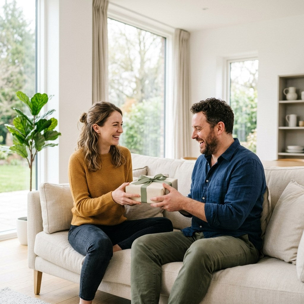 Frau übergibt lächelnd ihrem Partner auf hellem Sofa ein Geschenk mit Schleife zum 30. Geburtstag
