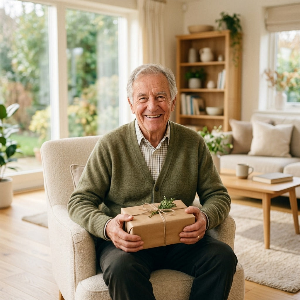 Mann mit grauem Haar hält zum 70. Geburtstag in einem hellen Raum lächelnd ein Geschenk
