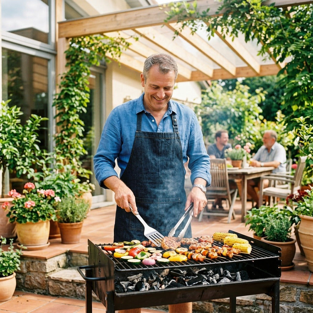 Mann grillt an einem sonnigen Tag auf der Terrasse frisches Gemüse und Fleisch