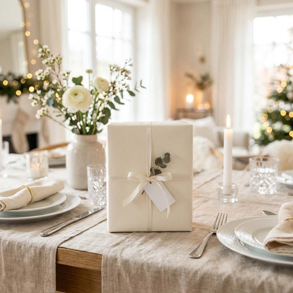 Festlich gedeckter Tisch mit Blumen und einem hell verpackten Hochzeitsgeschenk