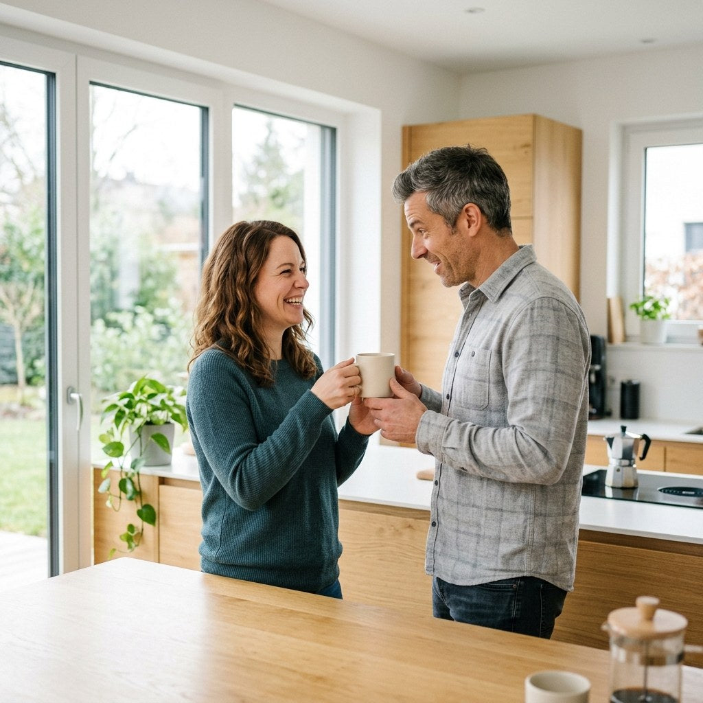 Frau übergibt lächelnd ihrem Partner in heller Küche eine Kaffeetasse als Geschenk