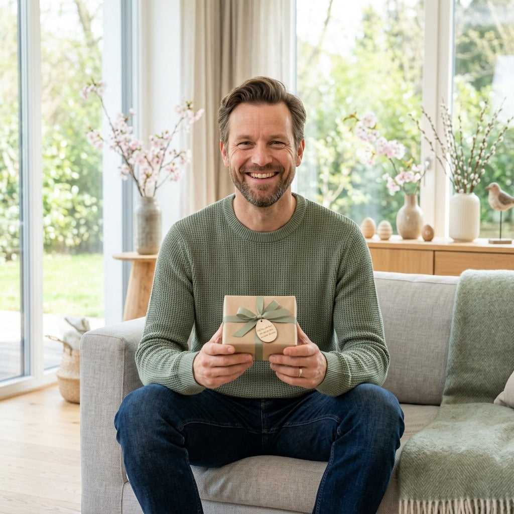 Mann hält in einem hellen, frühlingshaften Wohnzimmer lächelnd ein kleines Ostergeschenk